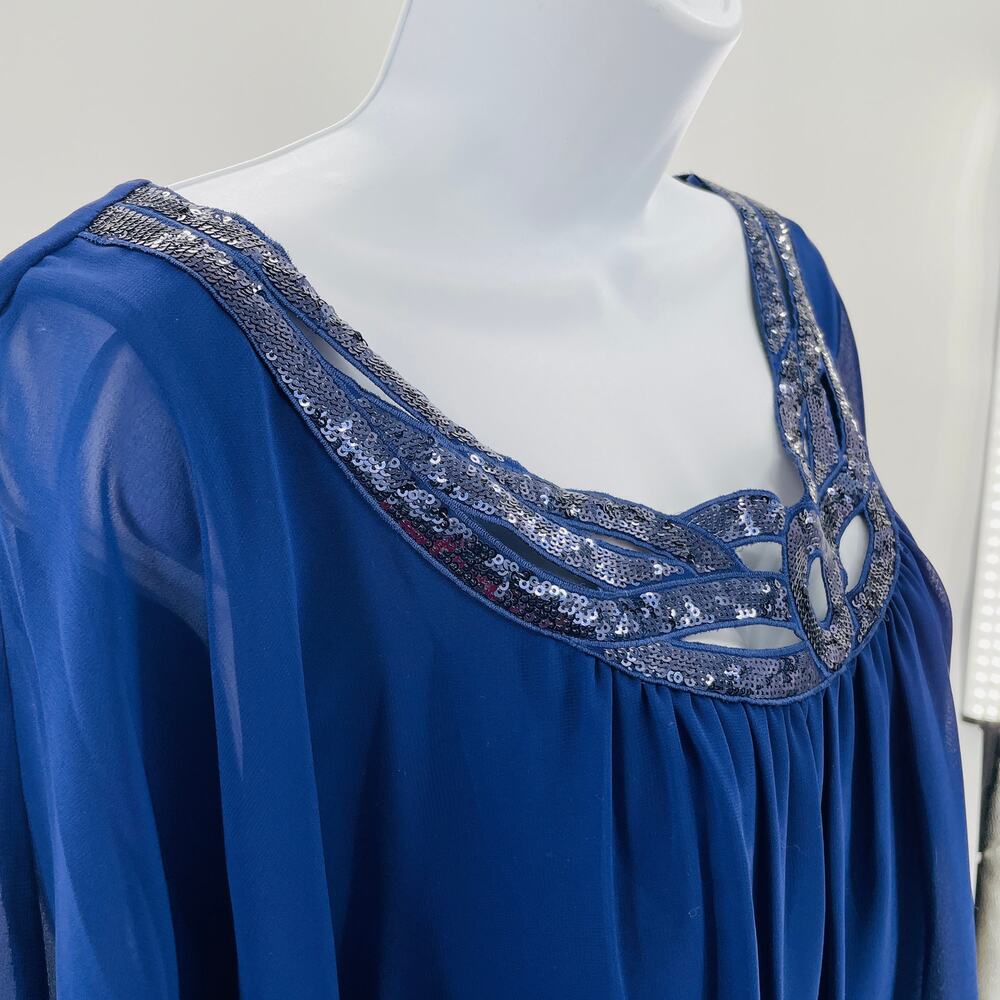 JR Nites by Carol Lin Blue Chiffon Sequin Neck Short Dolman Sleeve Dressy Top 14 - Picture 7 of 9